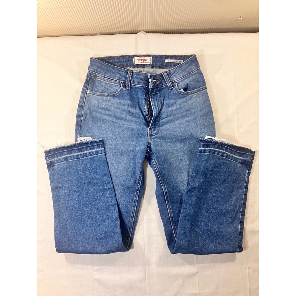 Wrangler Womens High Rise True Straight Crop Jeans Blue Denim Frayed Hem Size 26